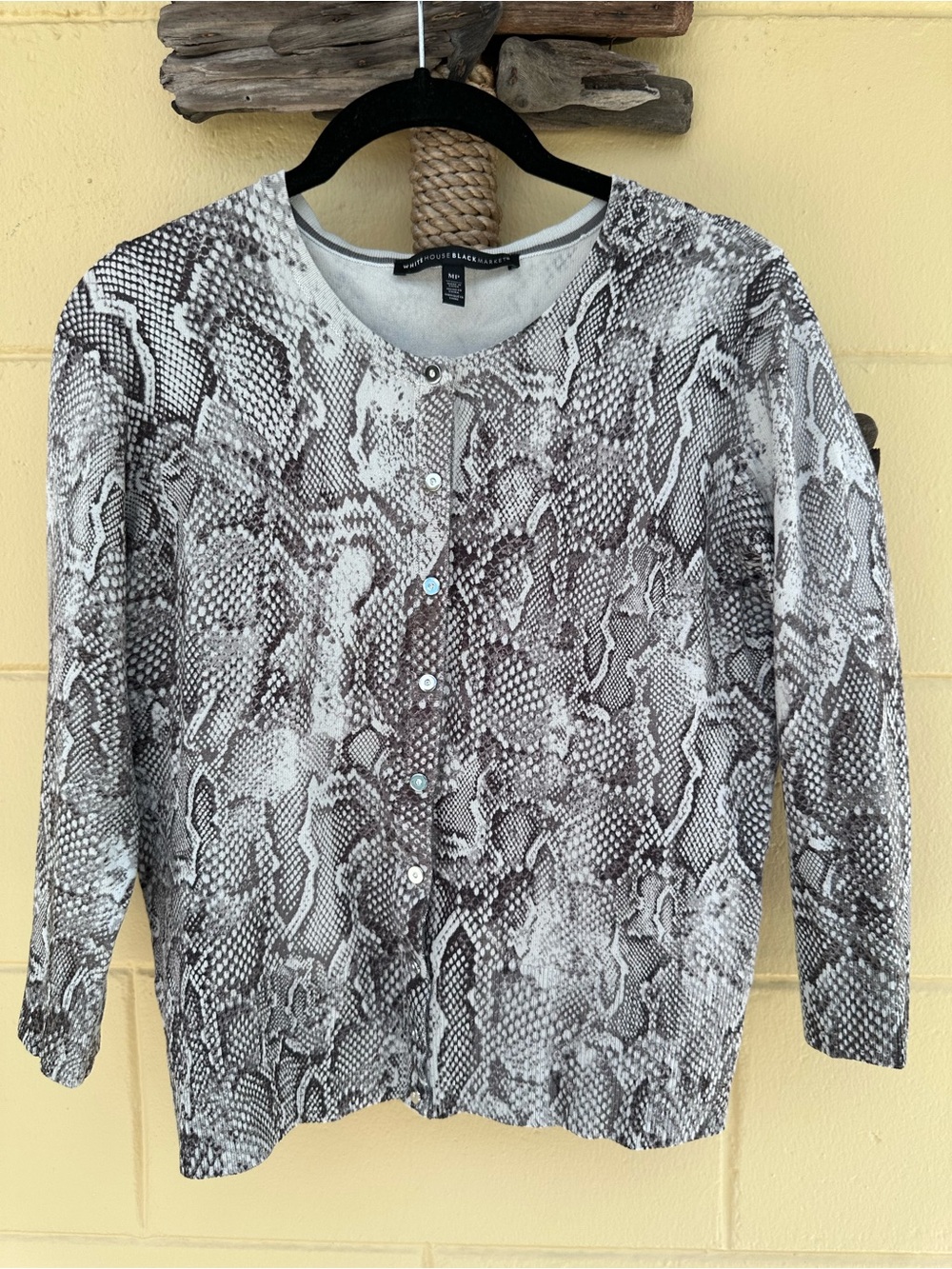 White House Black Market Snake Print Button-Down Cardigan in Gray and White